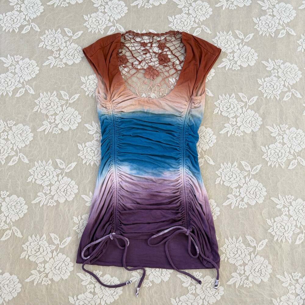Sky Y2K Ombre Ruched Lace Back Tunic Top Size Small